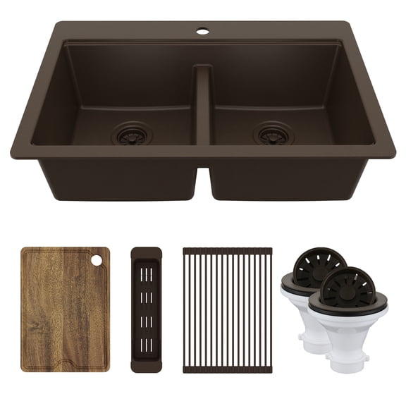 Karran 33" Top Mount Double Bowl Quartz Kitchen Sink Kit in Brown