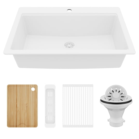 Karran 33" Top Mount Single Bowl Quartz Kitchen Sink Kit in White