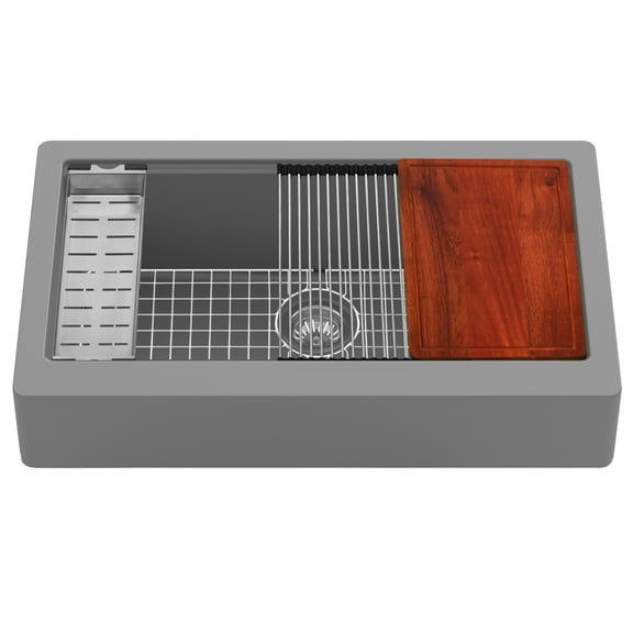 Karran 34" Retrofit Undermount Large Single Bowl Quartz Farmhouse Workstation Kitchen Sink Grey