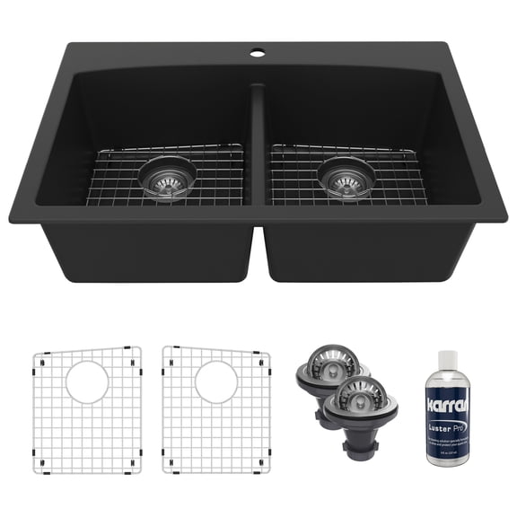Karran Drop-in Quartz Composite 33 in. 1-Hole 50/50 Double Bowl Kitchen Sink Kit in Black