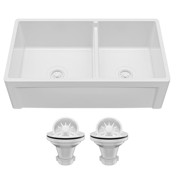 Karran FCP33DBWH 33" White Double Bowl Panel Front Farmhouse Fireclay Kitchen Sink with Reversible Apron Front