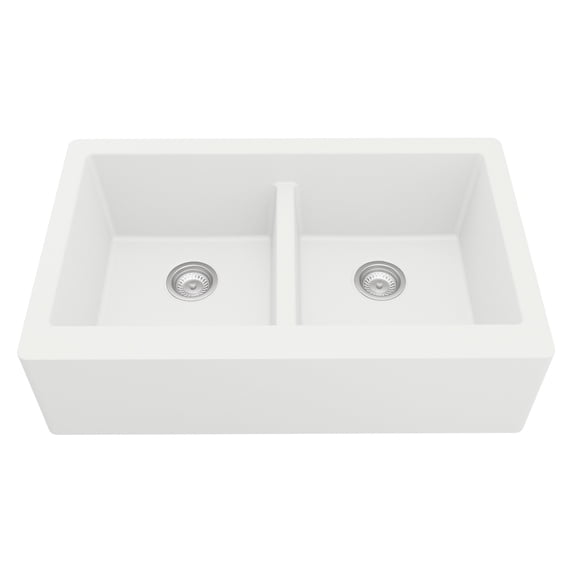 Karran Farmhouse Apron Front Quartz Double Bowl Kitchen Sink White