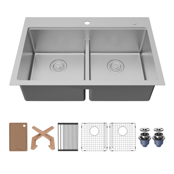 Karran Fusion Top Mount 33-in x 22-in Stainless Steel Double Equal Bowl Workstation Kitchen Sink