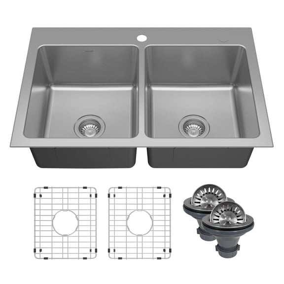 Karran Lansen 33" Top Mount 18 Gauge Double Bowl Stainless Steel Sink with Accessories