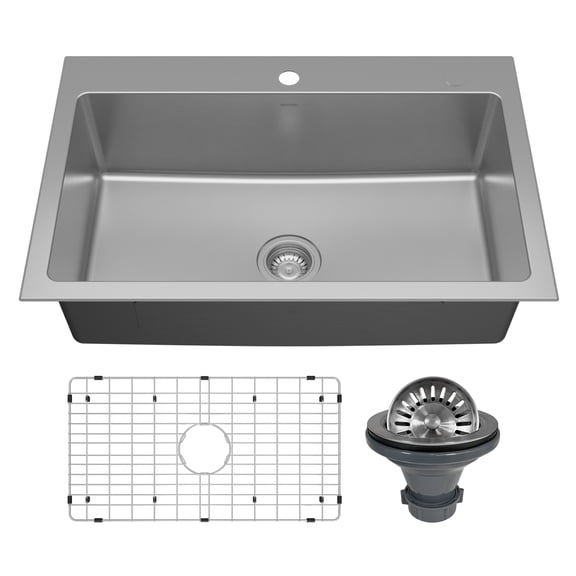 Karran Lansen 33" Top Mount 18 Gauge Single Bowl Stainless Steel Sink with Accessories