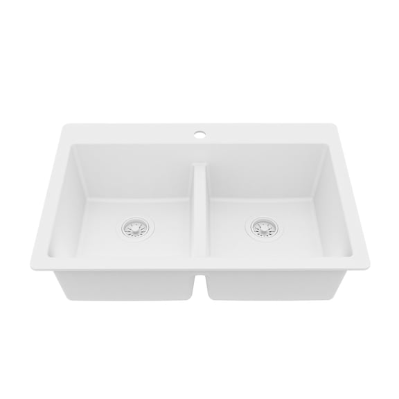 Karran QT-810-WH 33" Top Mount Double Equal Bowl Quartz Kitchen Sink in White