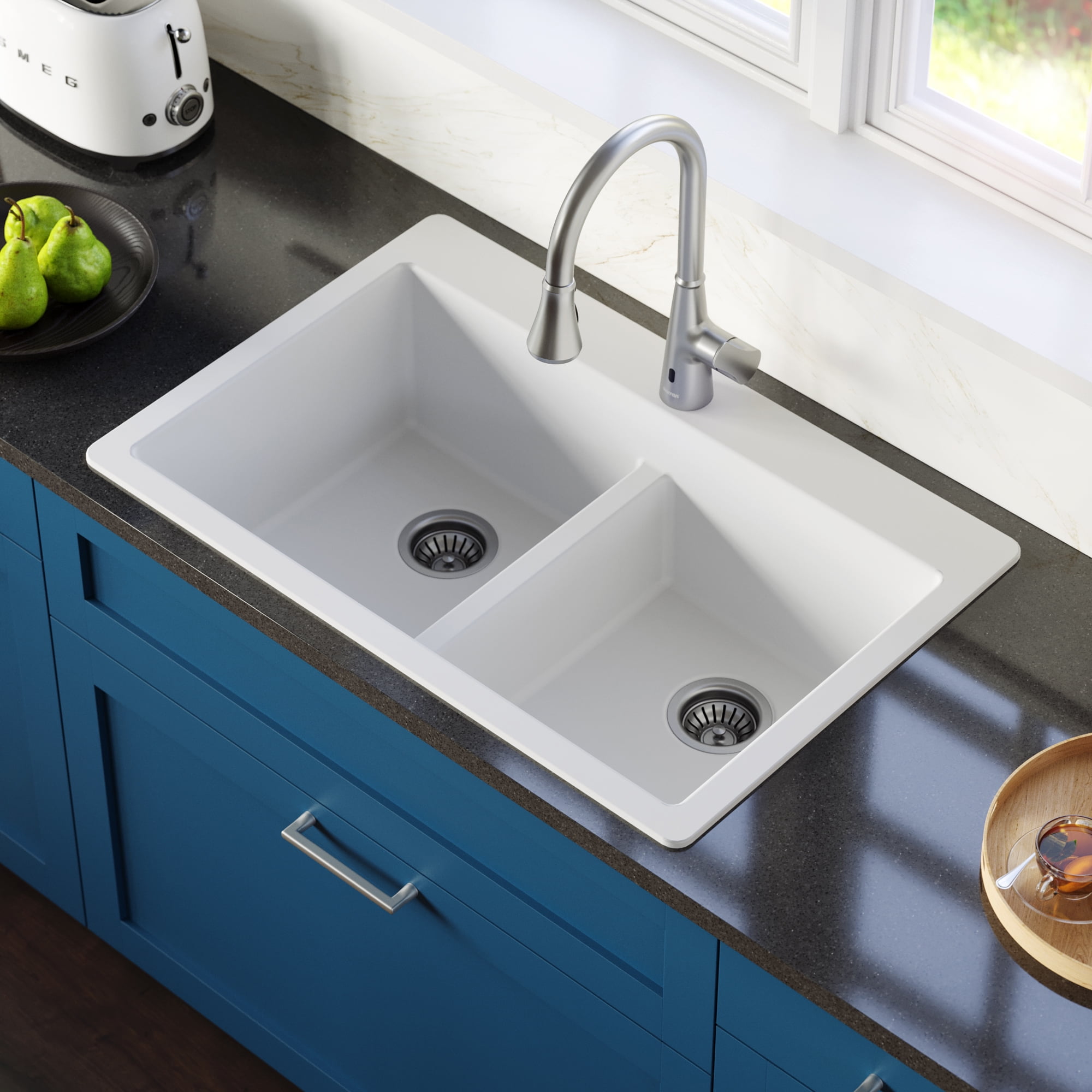 White Quartz 33'' Double Bowl Drop-In Kitchen Sink