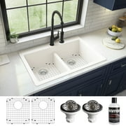 Karran QT-810 PK1 33" Top Mount Double Bowl 50/50 Quartz Kitchen Sink Kit in White