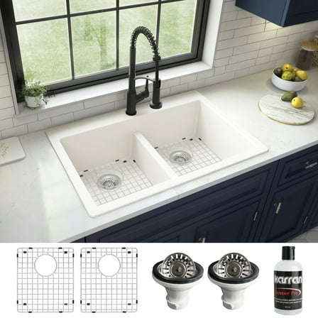 Karran QT-810 PK1 33" Top Mount Double Bowl 50/50 Quartz Kitchen Sink Kit in White