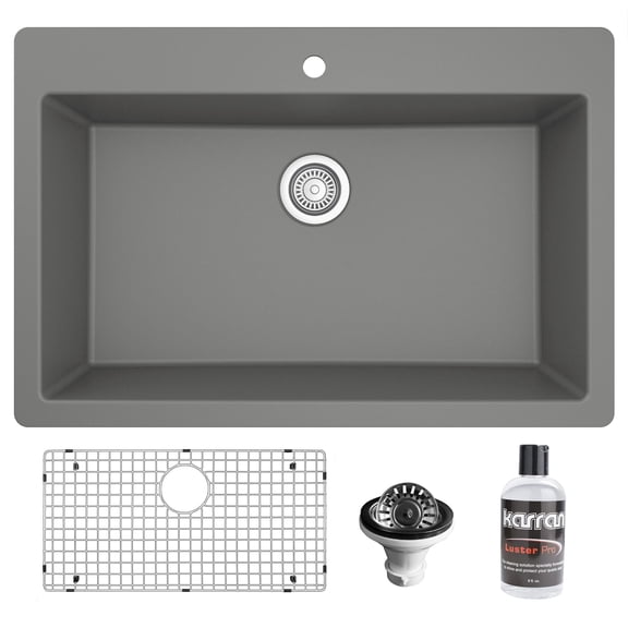 Karran QT-812 Top Mount 33 in. Large Single Bowl Quartz Kitchen Sink Kit Grey