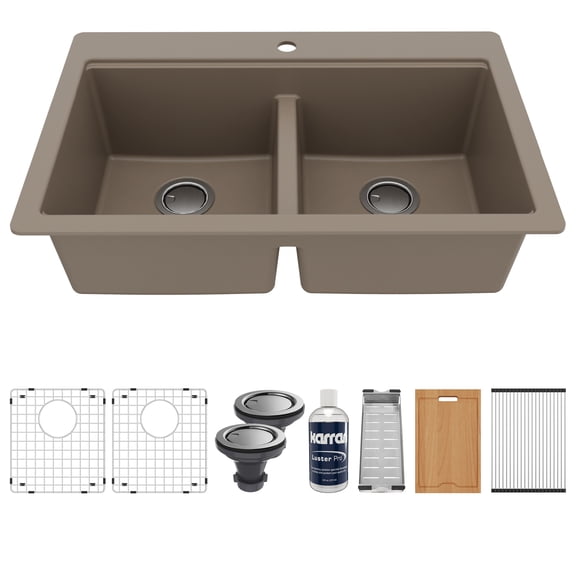 Karran QTWS-880 Drop-in 33" Double Equal 50/50 Bowl Workstation Kitchen Sink in Concrete