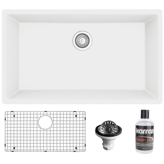 Karran QU-812-Pk1 Quartz Qu 32-1/4" Undermount Single Basin Quartz Composite Kitchen Sink in White with Stainless Steel accessories