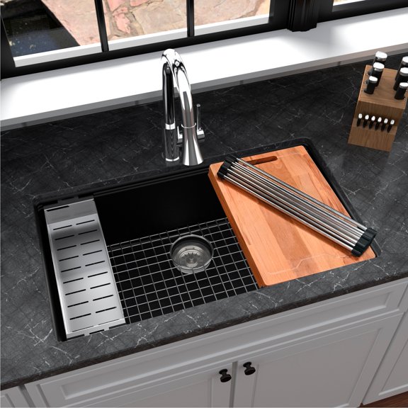 Karran QUWS-875 Black Quartz Composite 32 Inch Undermount Single Basin Sink