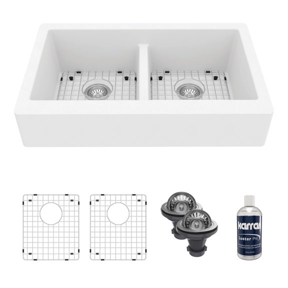 Karran Retrofit Farmhouse Apron Front Quartz Composite 34 in. Double Bowl Kitchen Sink Kit in White