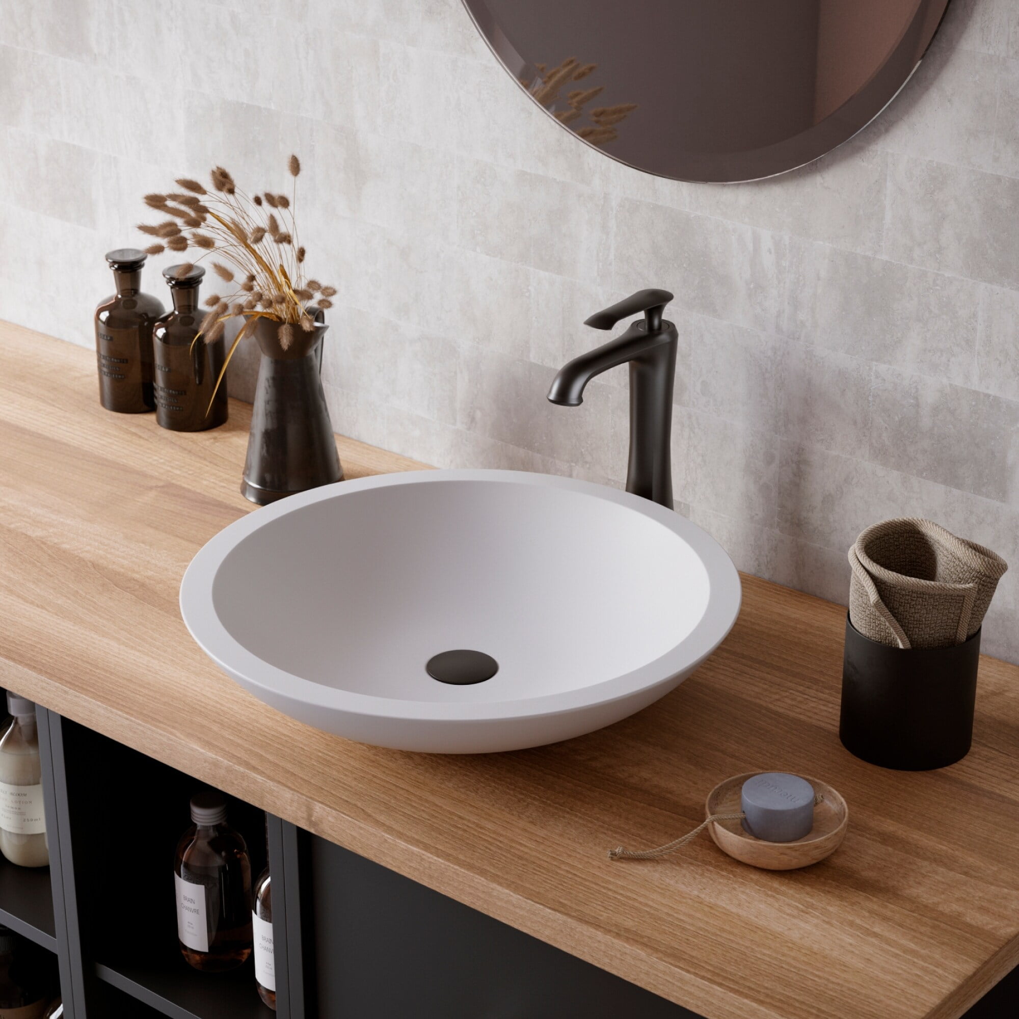 Matte White Acrylic Round Above-Counter Vessel Sink, 19.25"