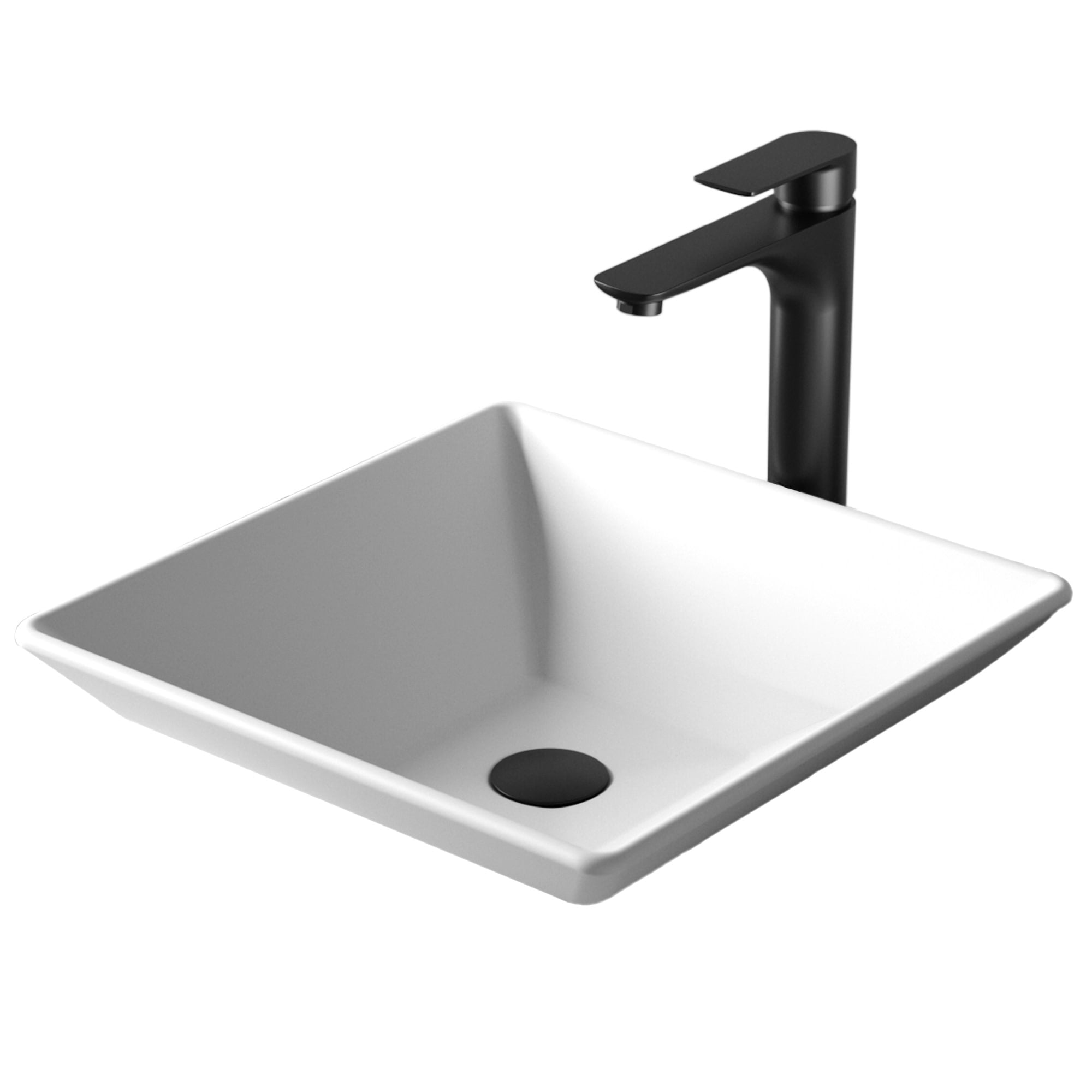 Matte White Acrylic Square Bathroom Vessel Sink with Faucet and Drain