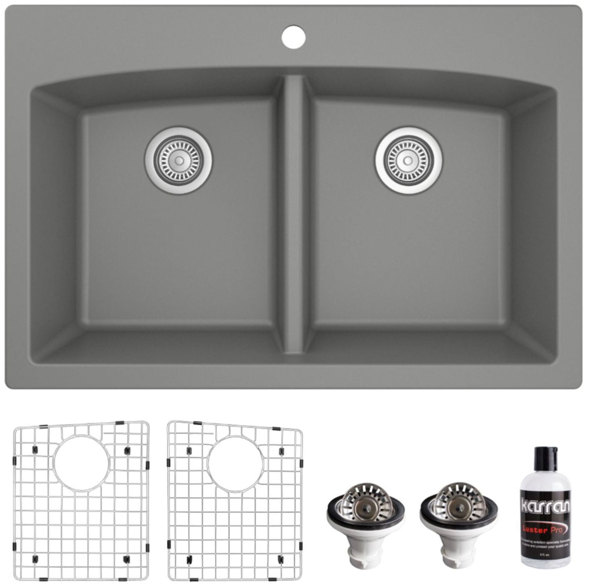 Gray Quartz 33'' Double Bowl Farmhouse Kitchen Sink Kit