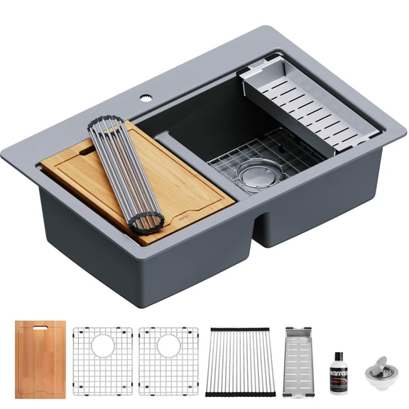 Karran Usa QTWS-880-GR 33" Drop In Double Basin Quartz Composite Kitchen Sink - Grey
