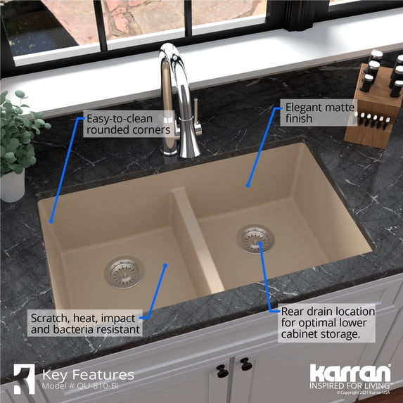 Karran USA QU-810-BI-PK1 Quartz Granite 32" Undermount Double Basin Bisque Quartz Composite KItchen Sink