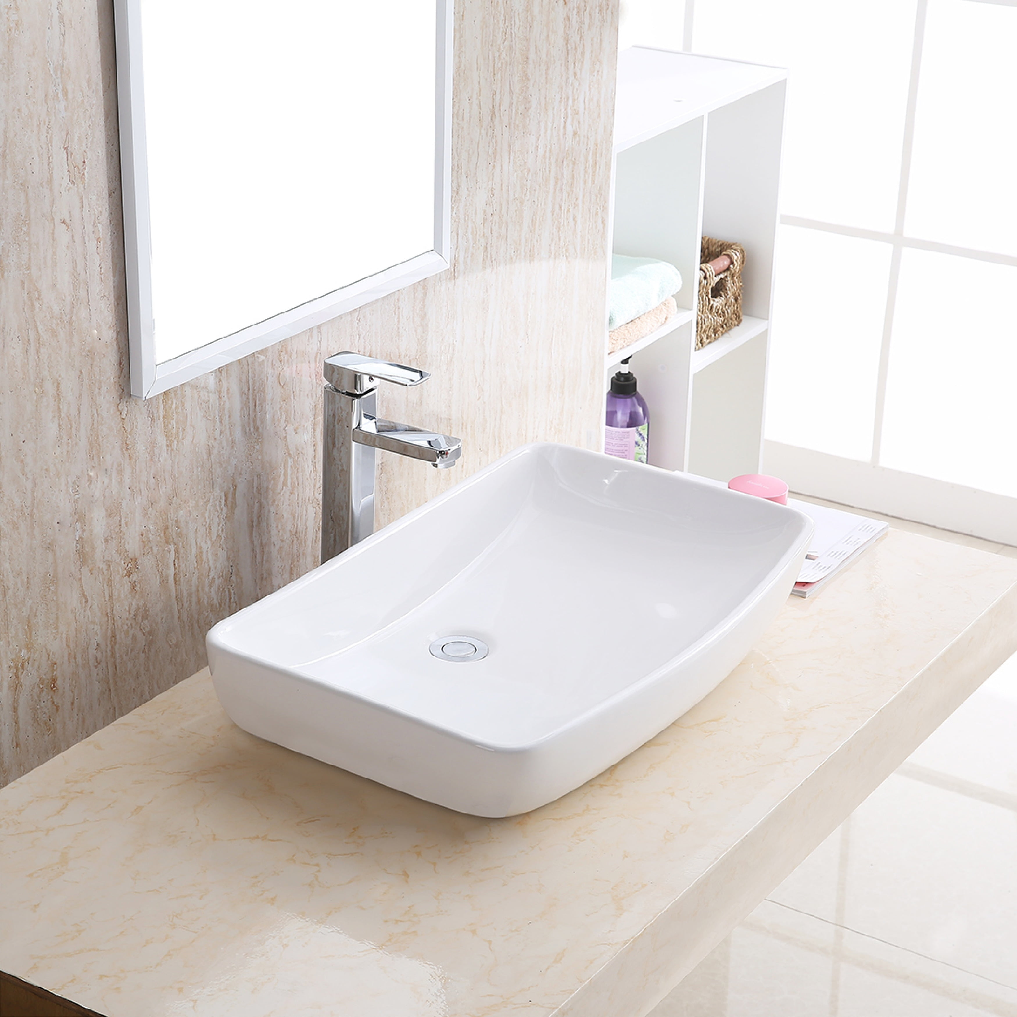 Elegant Valera 24" White Ceramic Rectangular Vessel Bathroom Sink