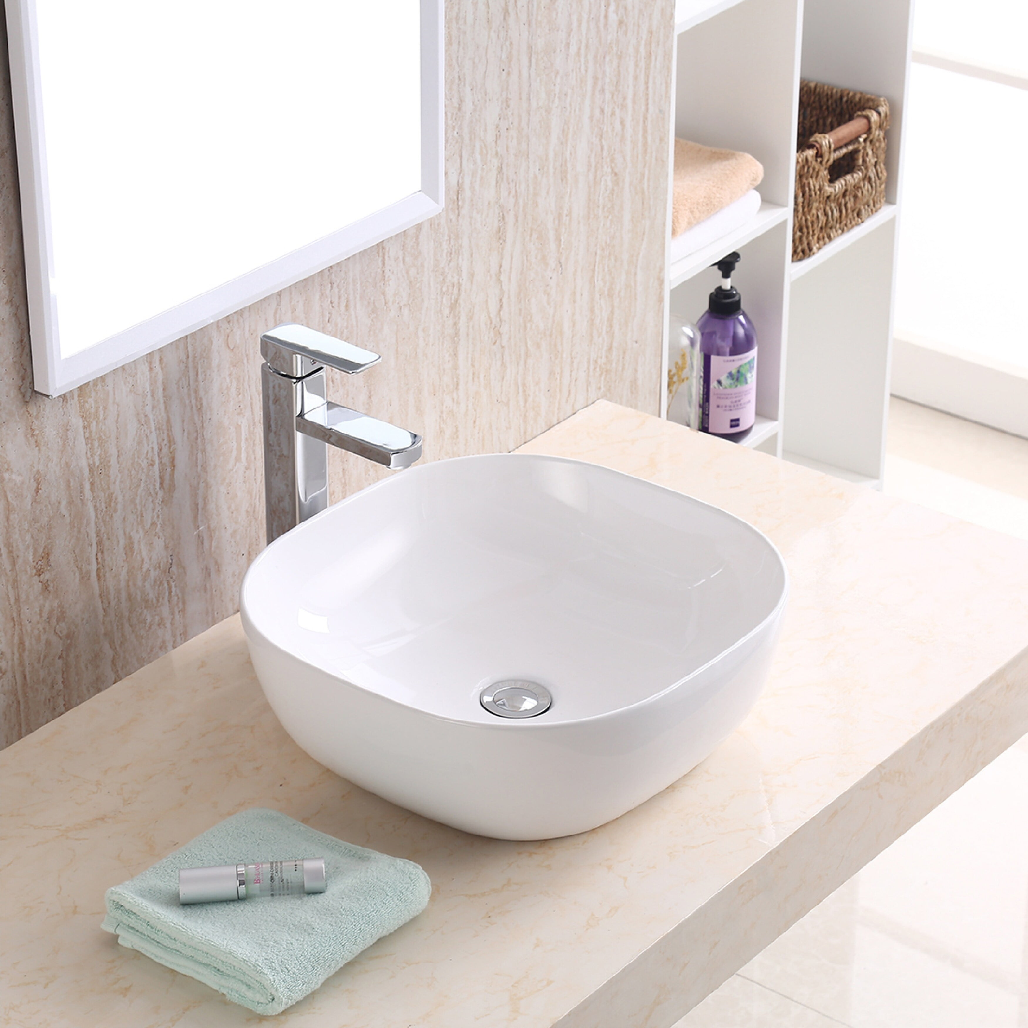 White Ceramic Square Above-Counter Vessel Bathroom Sink
