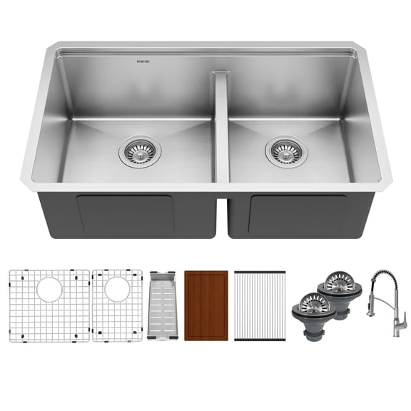 Karran Elite 32" Undermount Workstation 16 Gauge Double Bowl Stainless Steel Kitchen Sink with Scottsdale Pull-Down Faucet