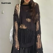 Karrram Gothic Hollow Out Sweater Hole See Through Oversized Knitted Pullovers Emo Streetwear Grunge Clothes Y2k Tops Spring