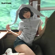 Karrram Japanese Y2k Hooded T-shirt Vintage 2000s Style Rabbit Ears Zipper Tops Harajuku Short Sleeve Thin Jacket Korean Popular