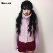 Karrram Japanese Y2k Turtleneck Cardigans Vintage Korean Style Knitted Sweater 2000s Aesthetics Pink Winter Knitwear Harajuku