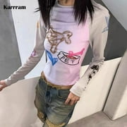 Karrram Y2k Graffiti Print T-shirt Korean Style Patchwork Mesh Tops Kpop Fashion Long Sleeve Crop Tops Japanese Harajuku Tshirt