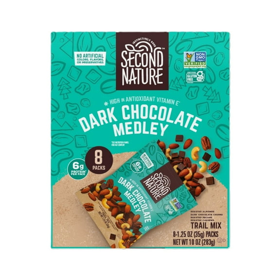 Second Nature Dark Chocolate Medley Trail Mix, 10 oz, 8 Count – Healthy Snack with Nuts, Fruit & Dark Chocolate