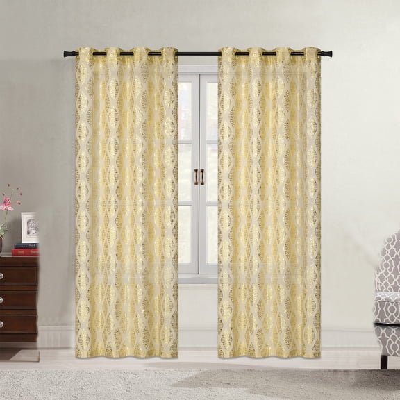Karson Damask Foil Printed Sheer Grommet Window Panel, Gold, 54x84 Inches