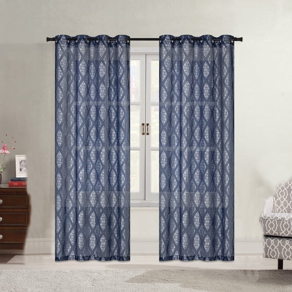 Karson Damask Foil Printed Sheer Grommet Window Panel, Navy, 54x84 Inches