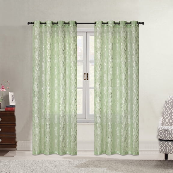 Karson Damask Foil Printed Sheer Grommet Window Panel, Sage, 54x84 Inches