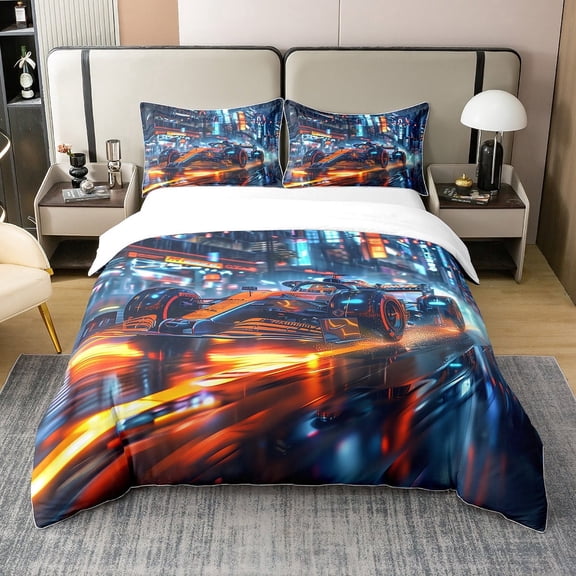 Kart Race Car 100% Organic Cotton Duvet Cover Set Neon Light High Building Comforter Cover Set (Not Comforter) Extreme Sports Racing Games Bedding Set Queen Size 3 Pcs