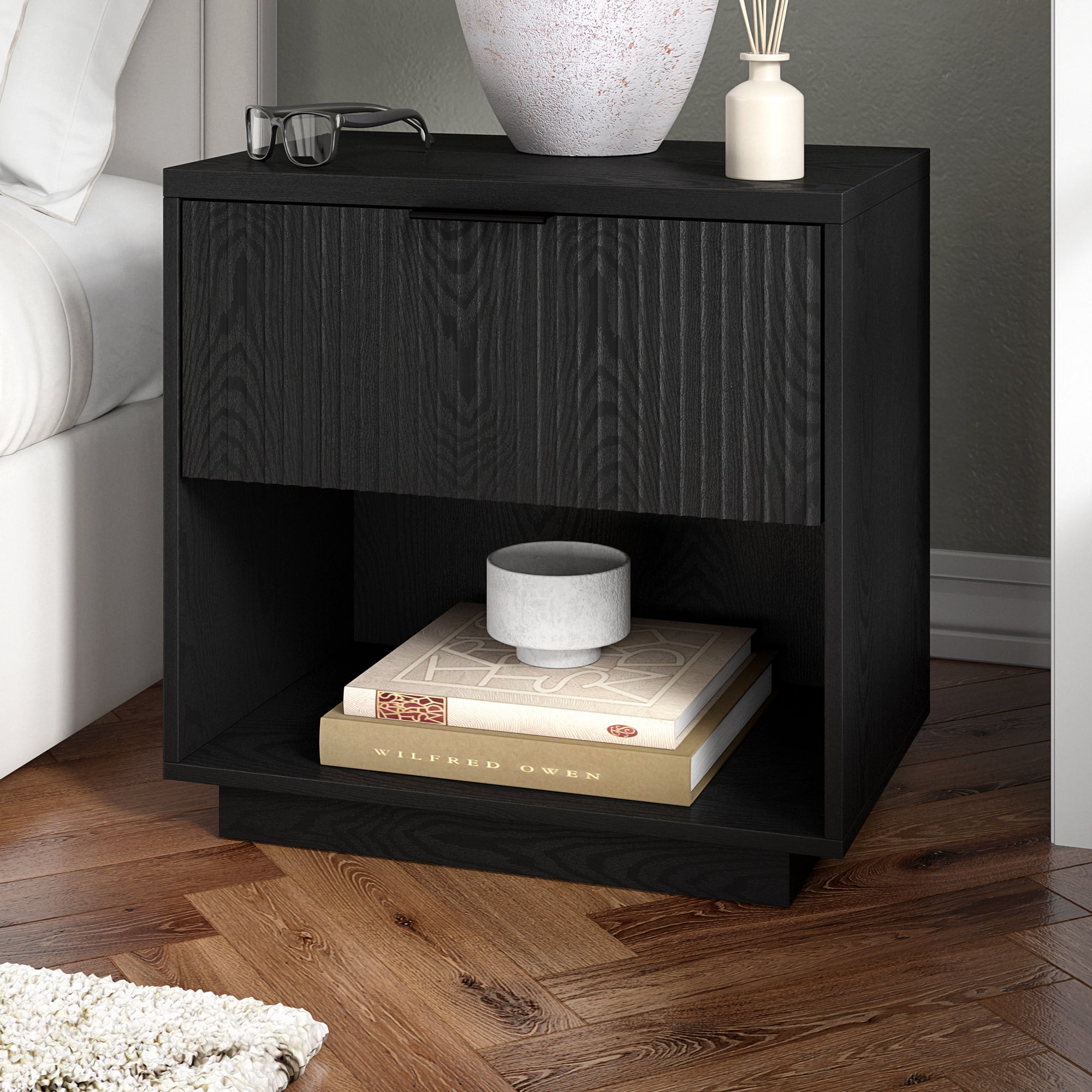Karten 24" Wide Rectangular Fluted Nightstand in Black Grain