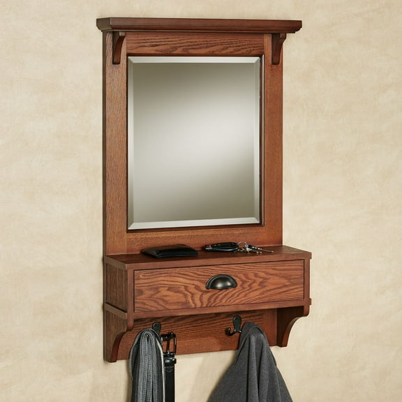 Karter Mirrored Wooden Wall Shelf With Drawer and Hooks 19"Wx7"Dx32"H Mission Red Oak