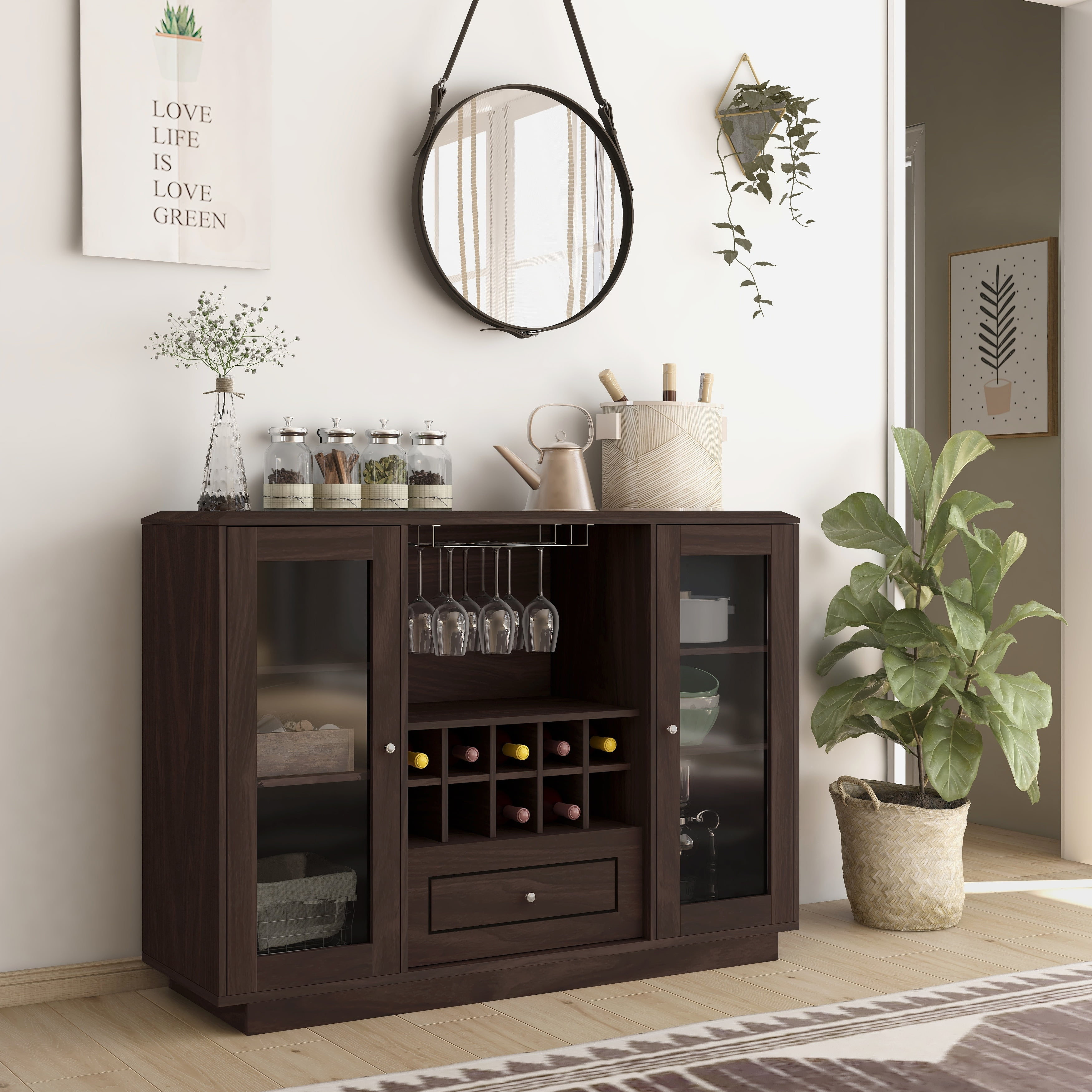 Espresso Multi-Storage Dining Buffet with Glass Doors