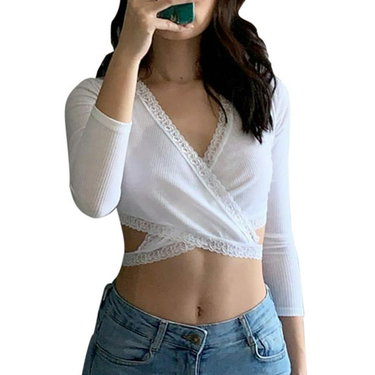 Front Cut Out Crop Top tee Ladies Cleavage Sexy Fitted TShirt Womens Blouse  Vest