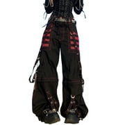 Karuedoo Women Gothic Cargo Jeans Wide Straight Leg Punk Grunge Baggy Pants Goth Aesthetic Y2k Streetwear Trousers Black