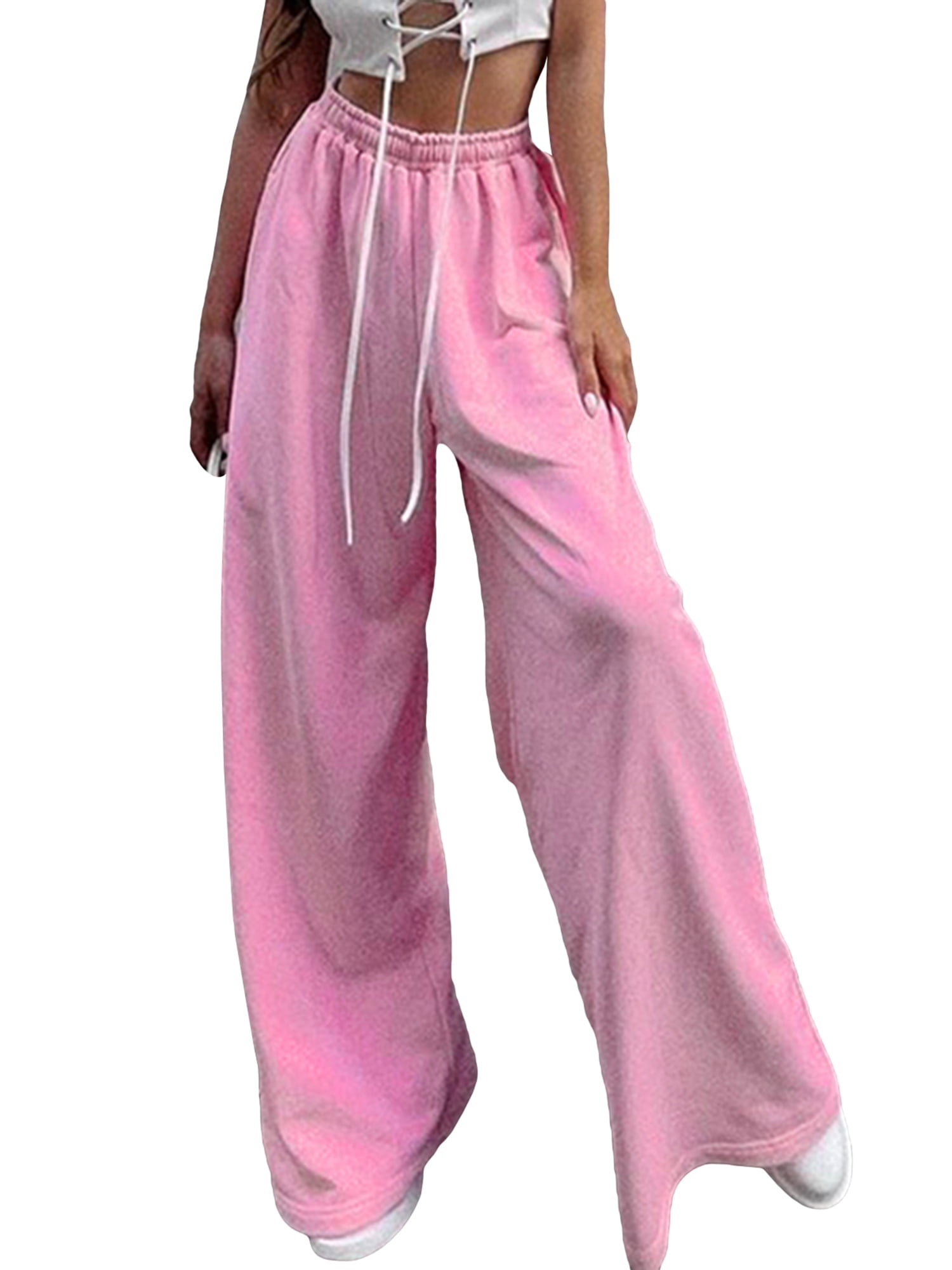 Karuedoo Women Pink Elastic Waistband Cargo Pants Jogger Pants with