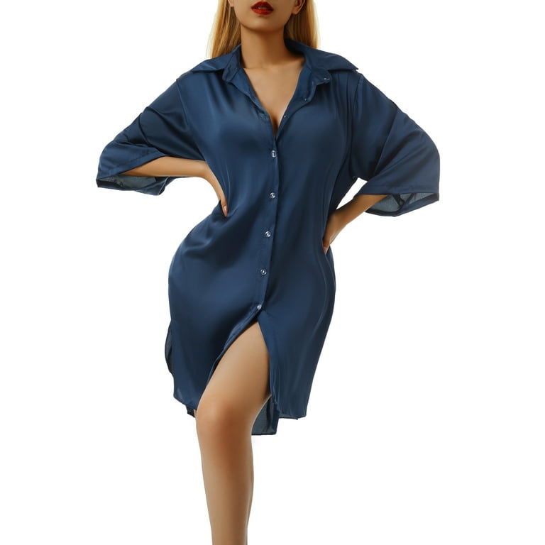 Karuedoo Women Satin Nightshirt Button Down Short Sleeve V-Neck Boyfriend  Sleepshirt Side Slit Sleepwear Blue S