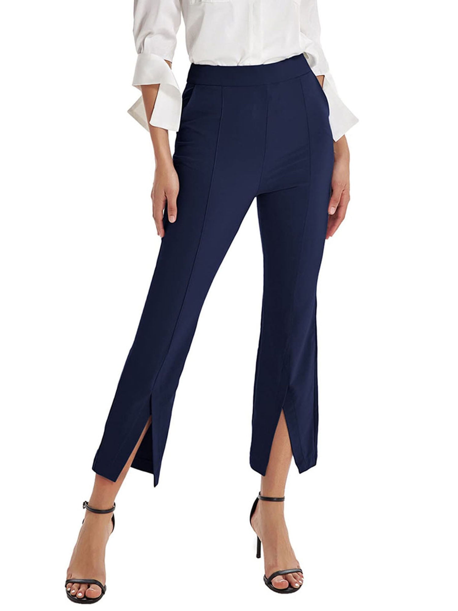 Karuedoo Women's High Waist Flared Work Pants Straight-Leg Front Slit  Cropped Trousers with Pockets Navy Blue M