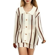 Karuedoo Women's Y2K Knit 2 Piece Outfits Crochet Knitted Hollow Out Long Sleeve Button Up Shirts and Shorts Set Sweatsuit Brown