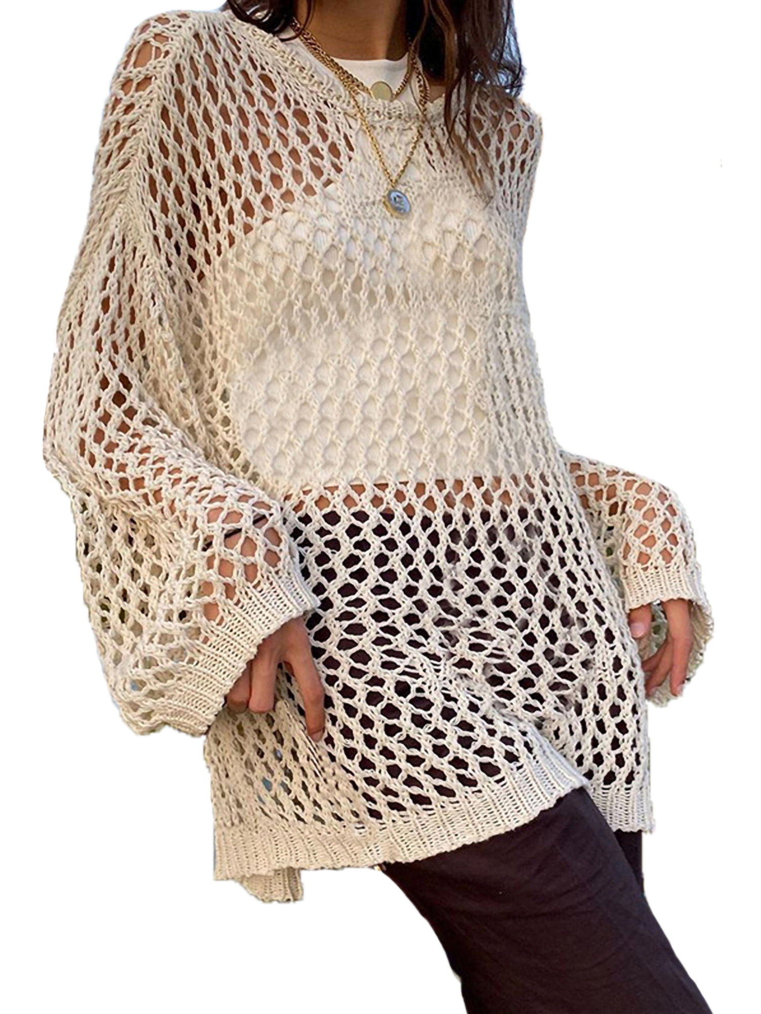 Karuedoo Womens Crochet Beach Cover Ups Hollow Out Long Sleeve Dress Summer Ruched Drawstring ...