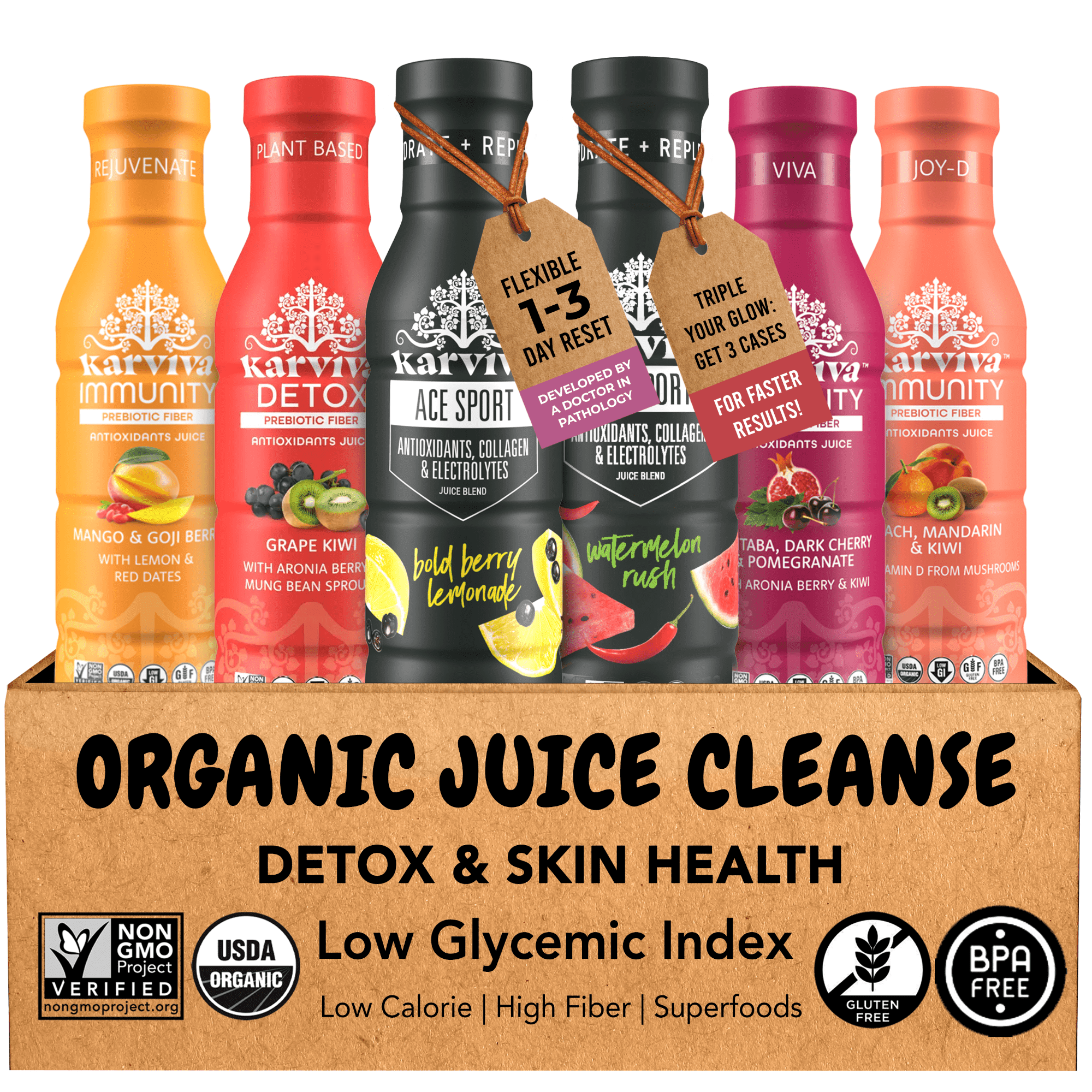 Karviva Organic Juice Cleanse & Skin Glowing Variety Pack, 12 oz BPA-Free Bottles (Pack of 6)