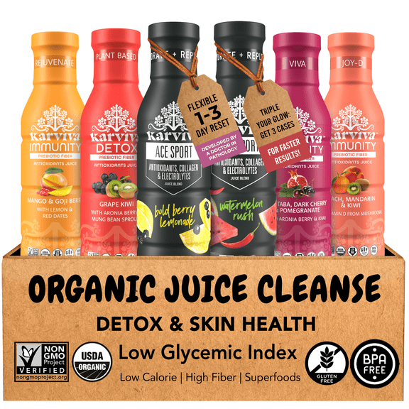 Karviva Organic Juice Cleanse & Skin Glowing Variety Pack, 12 oz BPA-Free Bottles (Pack of 6)