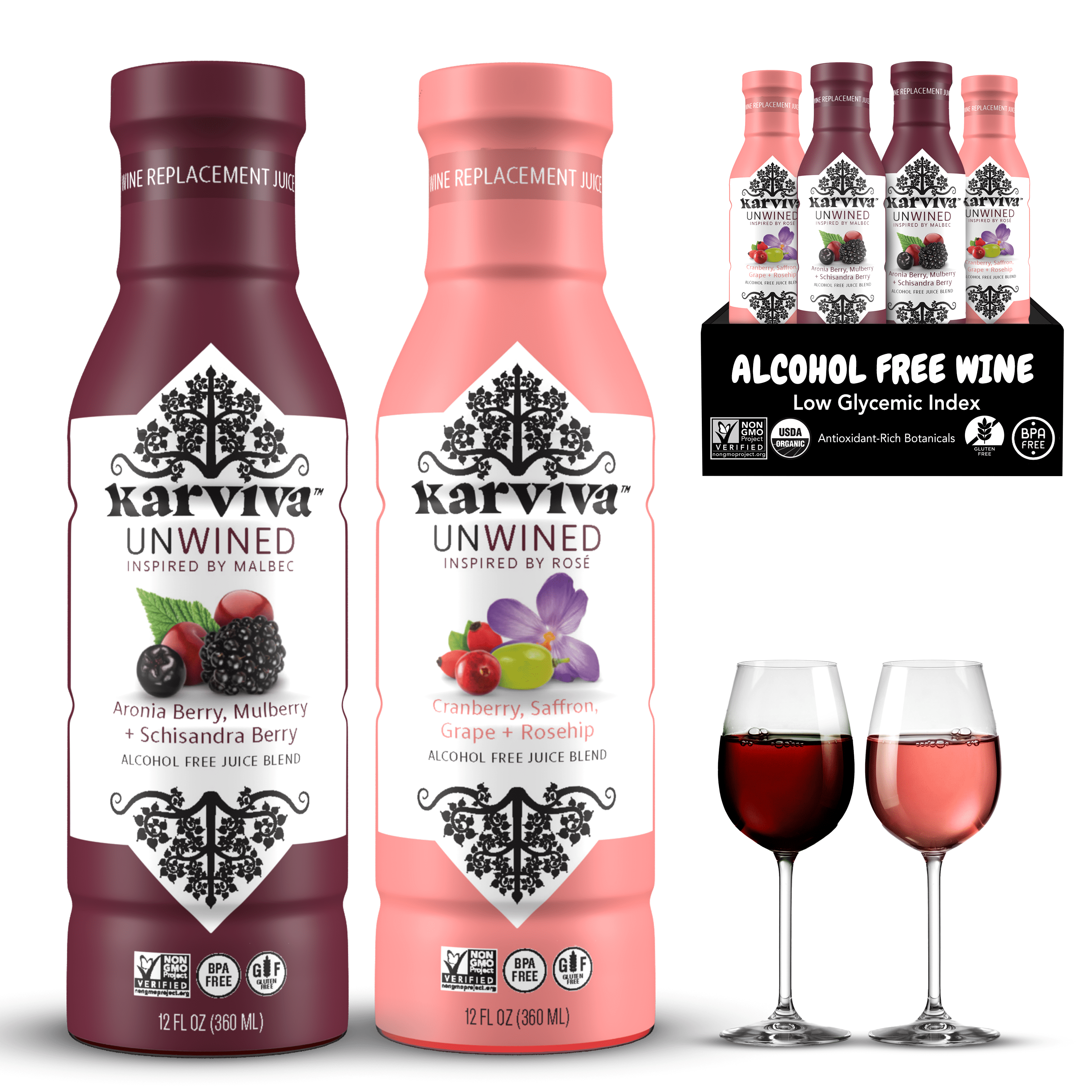Karviva Organic Non-Alcoholic Wine, Malbec & Ros Alternatives, 12 Fl oz, 4-Pack, Sulfite Free, Low-Sugar