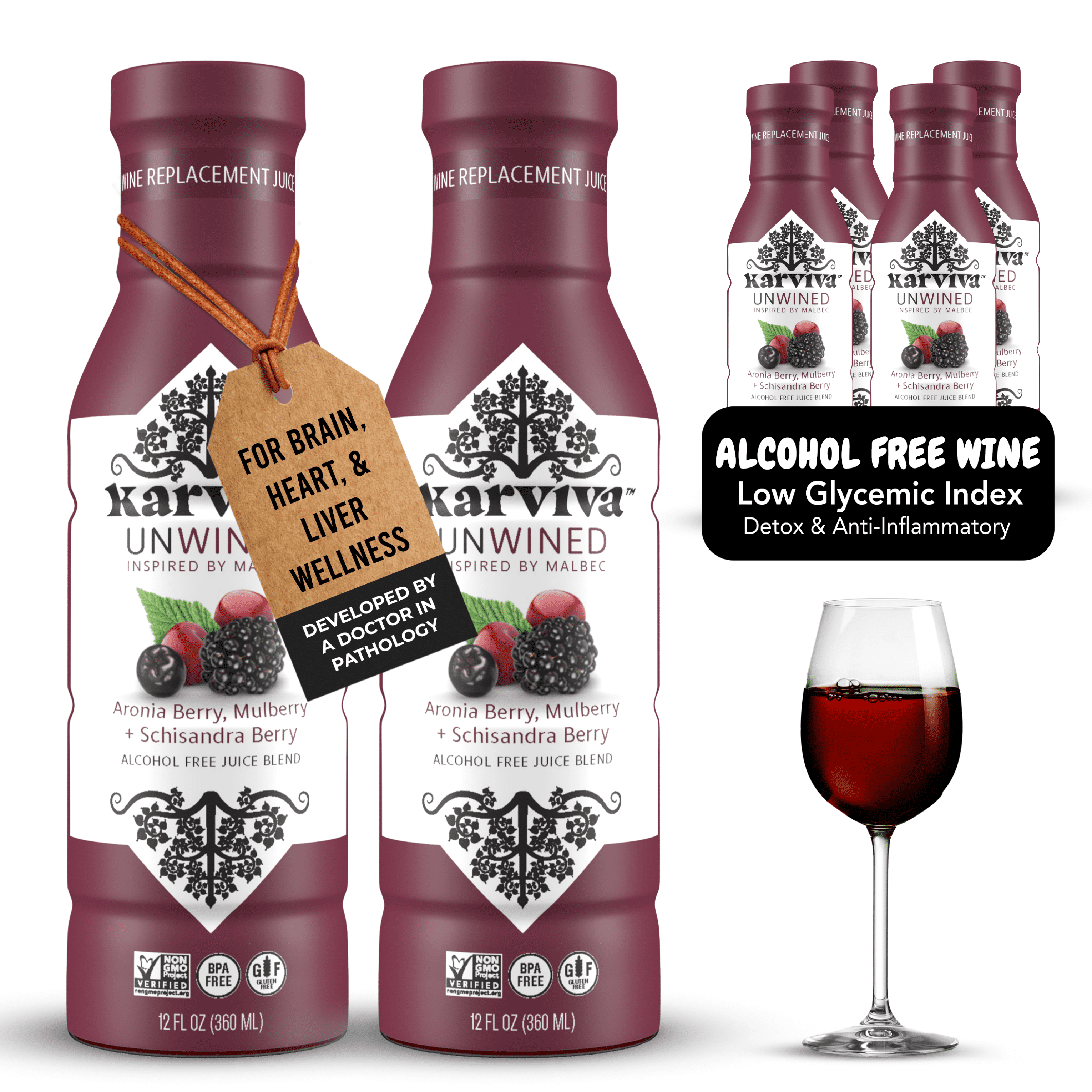Karviva Unwined Non-Alcoholic Wine, Organic Malbec Alternative, 4-Pack, 12 fl oz, Low-Sugar, Sulfite-Free, Herbal Antioxidant Blend, Perfect for Mocktails & Cocktails