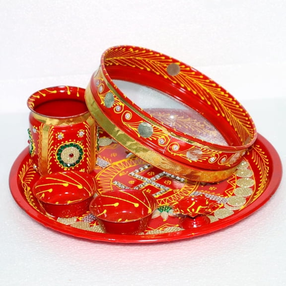 Karwa Chauth Traditional and Decorative Pooja Thali Set | Stainless Steel Thali Set | Channi Lota Included